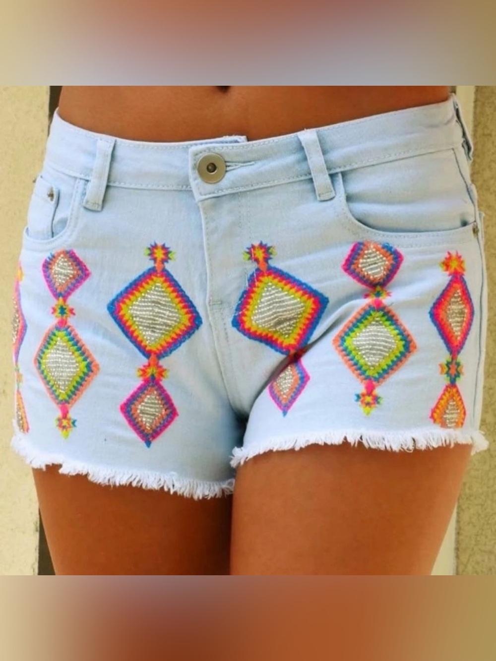 Lulumari Blue Embroidered distressed Denim Shorts